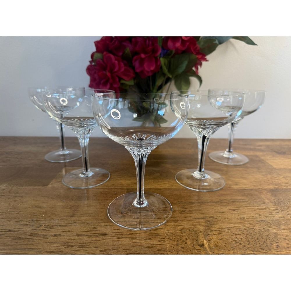 Vintage‎ Belfor Exquisite Crystal 5 Champagne Coupe Glasses Black Core Stemware